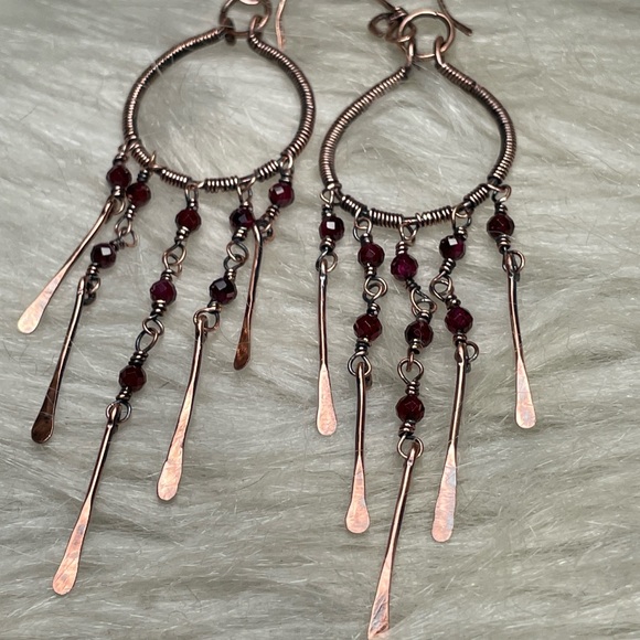 Hand Crafted Copper Red Garnet Crystal Beaded Dangle Chandelier Earrings - Picture 16 of 17